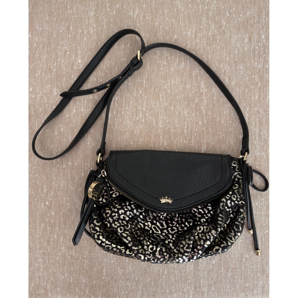 Juicy Couture Y2K Black Leather Leopard Print Crossbody Bag Metallic Purse